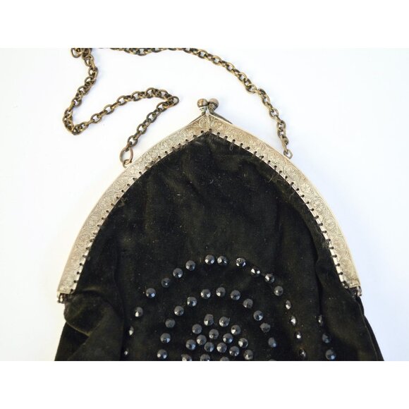 Vintage Antique? Black Velvet Jeweled Chain Handle Clutch Bag - Picture 2 of 7